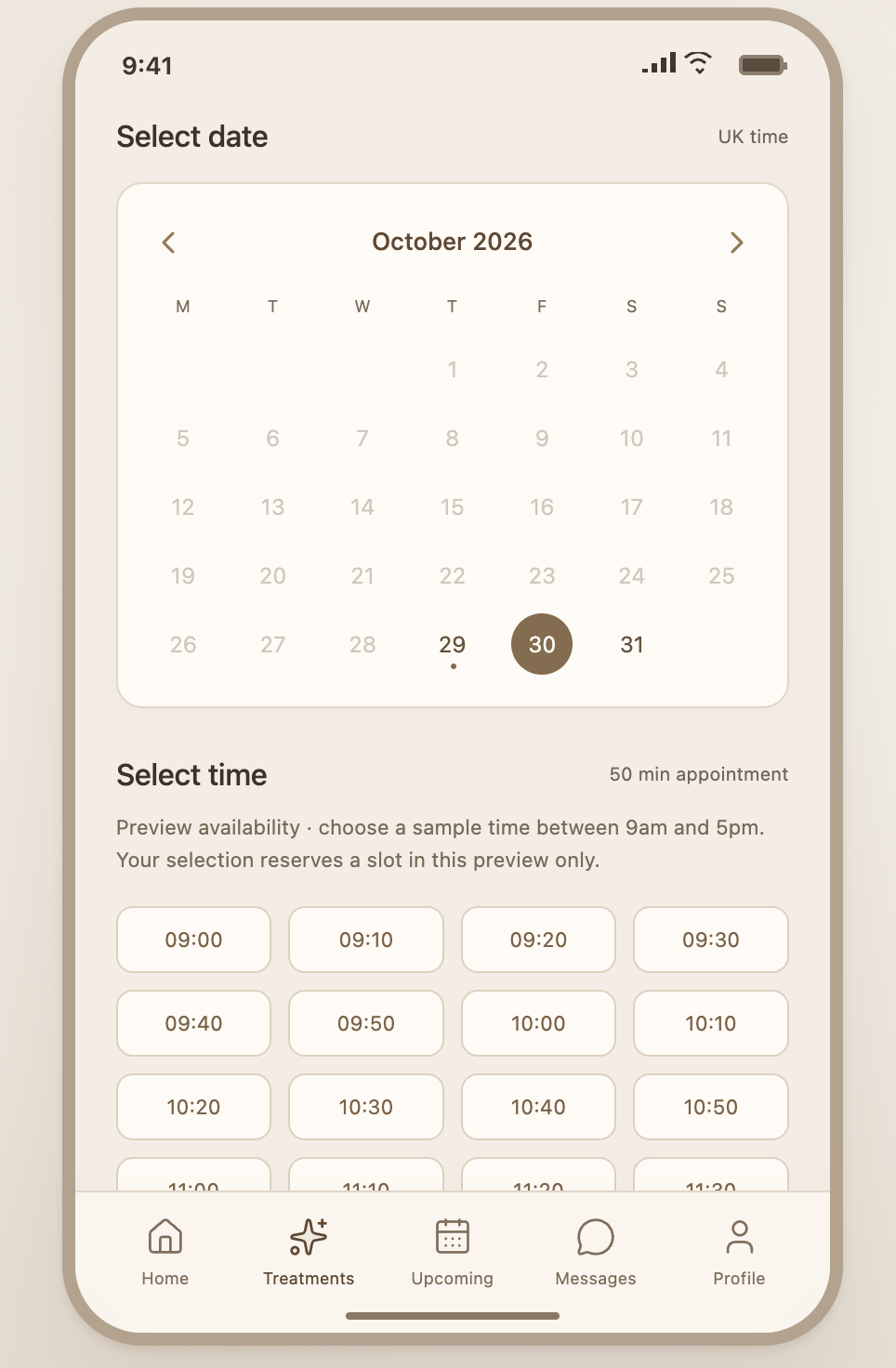 BC Aesthetics appointment date and time selection