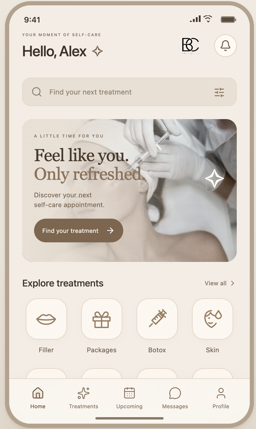 BC Aesthetics customer home screen