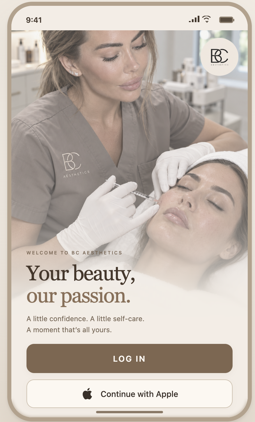 The bespoke BC Aesthetics welcome screen with its own photography, logo and colours