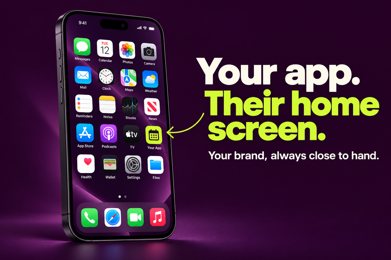Develappt purple and lime graphic: Your app. Their home screen. A curved arrow highlights a branded booking app icon on a smartphone.